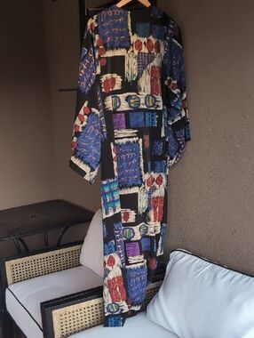 Rare Vintage Bohemian Patchwork Duster Kaftan, Abstract Geometric Print
